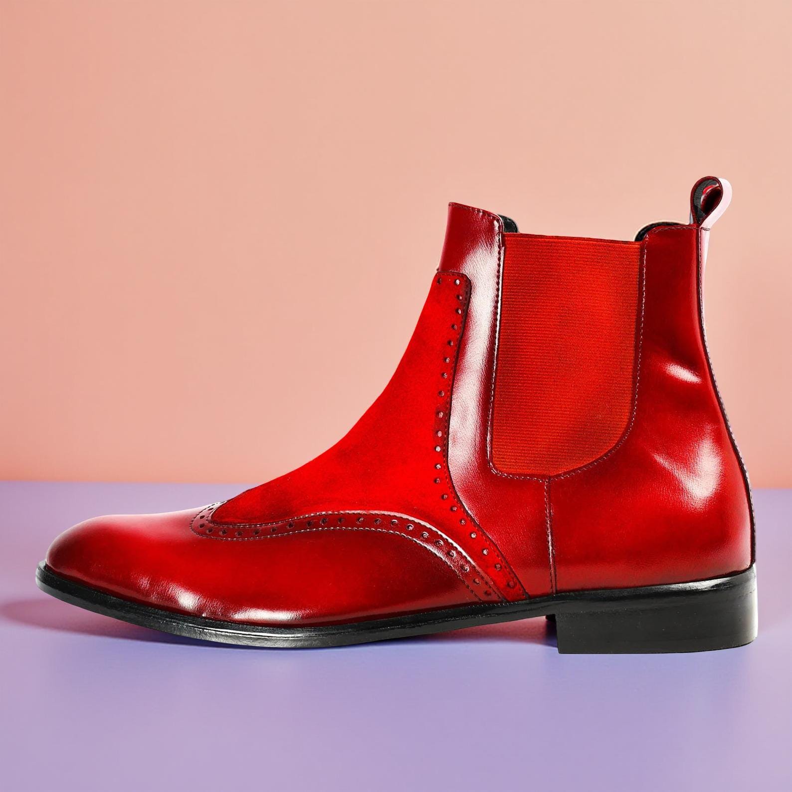 Red all leather handmade Chelsea boot. Soft comfortable leather Men main image 4