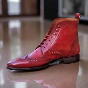 Handmade Burgundy Leather Wing Tip Brogue Boot