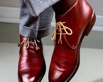 Handmade Men Red Color Classic Calf Leather Chukka Lace up  display picture 2