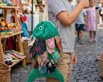 Whimsical Fish kid backpack for Toddlers, Handmade Bag Colorful Patchwork Kids Rucksack picnic wear