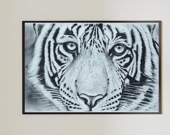 トラの鉛筆画 A3サイズ オリジナルの虎の鉛筆画 – 野生動物アート、サイン入り（額装済み、14