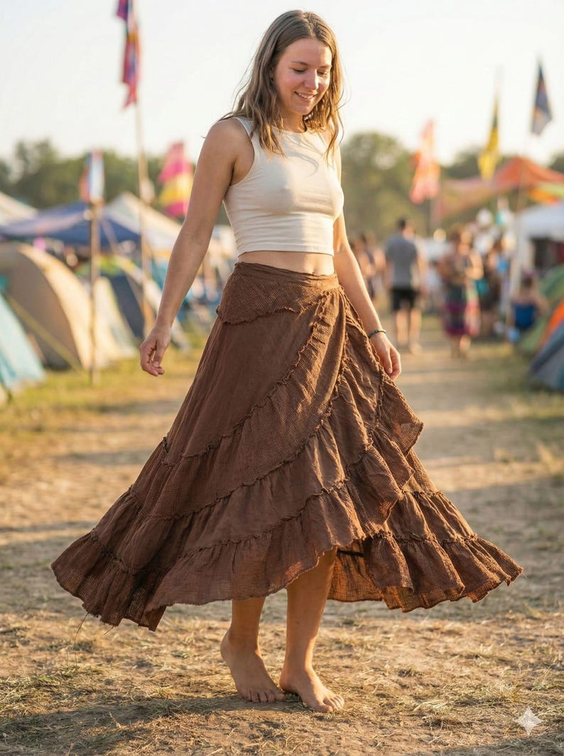 May include: A woman wearing a white crop top and a long, brown, tiered skirt. The skirt has a ruffled design. The photo was taken outdoors, with tents and people in the background. The skirt is a bohemian style.