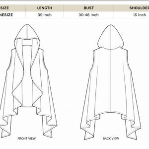 May include: A black and white line drawing of a sleeveless hooded vest shown from the front and back. A size chart at the top lists the length as 39 inches, the bust as 30-48 inches, and the shoulder as 15 inches for the onesize garment.