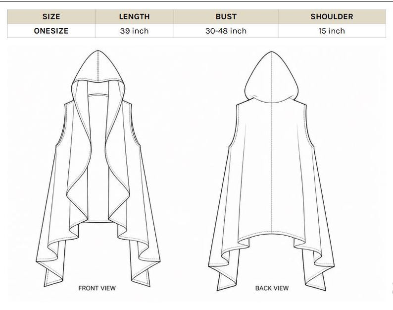 May include: A black and white line drawing of a sleeveless hooded vest shown from the front and back. A size chart at the top lists the length as 39 inches, the bust as 30-48 inches, and the shoulder as 15 inches for the onesize garment.