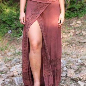 Boho Wrap Skirt, Handmade Tribal Print Maxi Skirt, Festival Clothing, Bohemian Hippie Style, Adjustable High Slit Skirt for Women