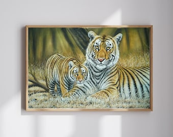 Tiger Family Canvas limited edition Painting Realistic Wildlife original artwork , Nature wall Decor gift