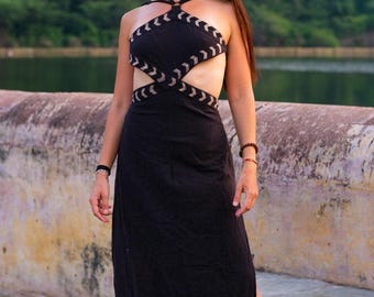 Bohemian Cotton Maxi Dress beachwear off shoulder ethnic backless for women