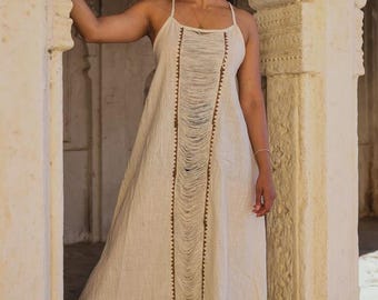 Cotton Boho Maxi Dress for Women Beige Fringe Summer Beach Sleeveless Resort Dress | Bohemian Vacation Outfit