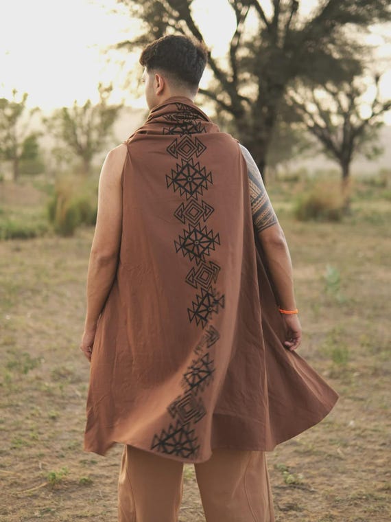 Brown Hooded Festival Shrug Tribal Cloak Burning Man Clothing Boho Shawl, Psytrance Festival Wear, Men's Women's Wrap, Unisex Costume