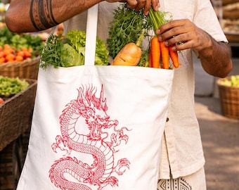 Bolso de tela con diseño de dragón rojo, ecológico, de lona de algodón. Ideal para ir de compras o como regalo.