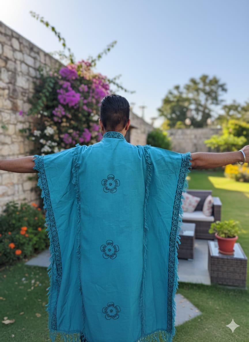 cotton kaftan Poncho for Men Boho Teal Fringe Festival Wear Summer Beach Cover Up