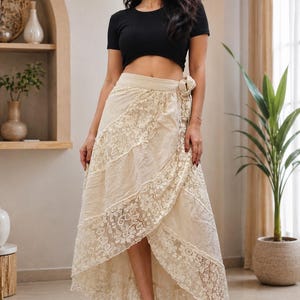 Gypsy wrap skirt for women boho layered khadi cotton net fabric skirt flared bohemian dress off-white