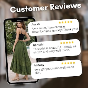 May include: Image of a woman wearing a black top and olive green skirt. The image is displayed on a smartphone screen, with customer reviews overlaid. The reviews praise the skirt's beauty and quality. The text "Customer Reviews" is at the top.