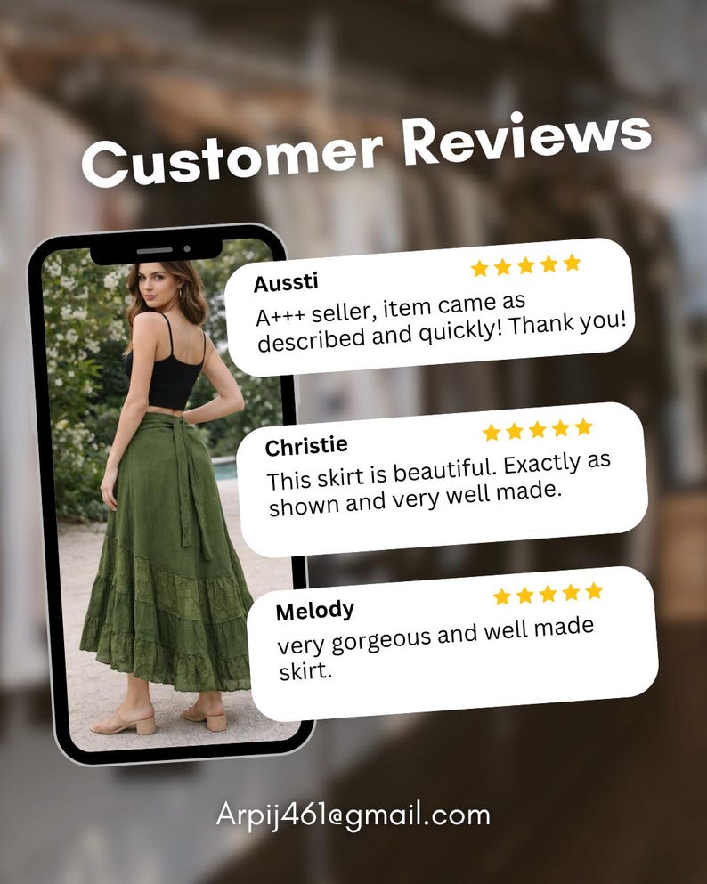 May include: Image of a woman wearing a black top and olive green skirt. The image is displayed on a smartphone screen, with customer reviews overlaid. The reviews praise the skirt's beauty and quality. The text "Customer Reviews" is at the top.