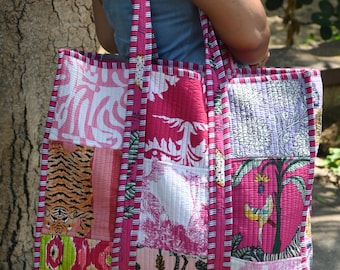 Handmade Quilted Patchwork eco friendly tote handle Bag | Colorful Boho Shoulder