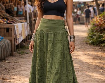 Olive Green Boho Maxi Skirt Festival Wrap for Women Hippie Long Cottagecore Clothing Flowy Bohemian Skirt