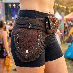 May include: A brown utility belt featuring multiple zippered compartments, dark lace overlays, and metallic stud accents. The belt includes a large pocket with a central snap closure and a smaller side pouch, all secured around the waist.