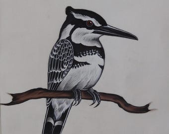 Original Kingfisher minimalist bird art Painting, Realistic Monochrome Wall Decor gift