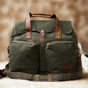 Laptop Bag,Canvas Messenger Bag with Leather Straps – Vintage Travel Bag, Large Crossbody Satchel, Weekender Shoulder Bag for Men & Women
