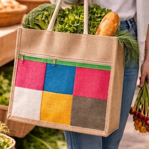 Handgemaakte veelkleurige Jute Tote Bag Milieuvriendelijk Herbruikbaar Winkelen Kleurrijk Strand Duurzaam