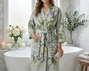 Women's Floral Waffle Weave Bathrobe Cotton Spa Robe Kimono with Pockets, Lightweight Bridal Soft Dressing Gown Gift