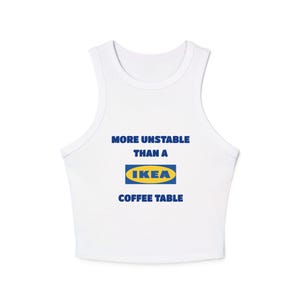 Tank Top, Unstable Ikea Coffee Table Women&#39;s Rib Racer Shirt, Funny Graphic Tee, Sarcastic Sleeveless Blouse, Humorous Muscle Top, Quirky