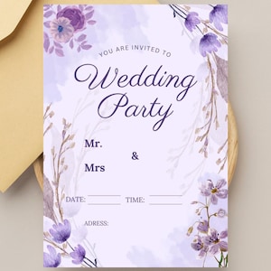 Purple Floral Wedding Invitation: Elegant Lavender Party Invite, Editable Printable