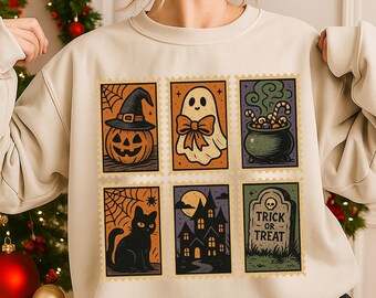 Vintage Halloween Themed Sweatshirt, Fall Apparel, Halloween Party Shirt, Trick or Treat Shirt, Women's Halloween Shirt, Spooky Season Gift