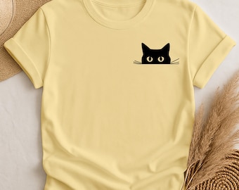 Peeking Black Cat T-Shirt, Sneaky Kitty Funny T-Shirt, Minimalist Cat Lover Tee, Lurking Cat Graphic, Cute Cat Gifts For Women & Men