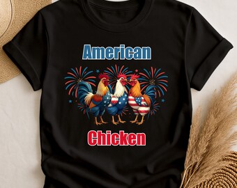 American Chicken T-Shirt, Unisex Patriotic Hen Shirt, 4th of July Rooster Tee, Fun Gift for Chicken Lovers, Casual Summer Wear, Farmer Tee
