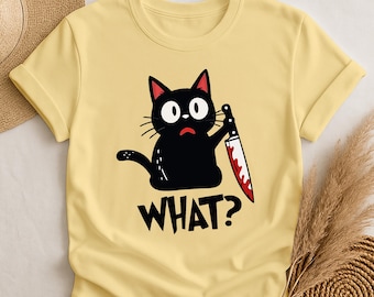 Comfort Colors Murder Black Cat T-Shirt, Funny Cat with Knife Shirt, Murderous Cat Graphic Tee, Halloween Cat Tee, Quirky Cat Humor Tee Gift