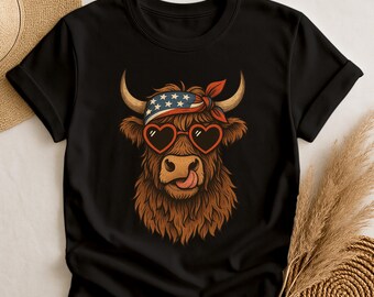 Comfort Colors Cow T-Shirt, Highland Cow 4th of July Shirt, USA Bandana Western Cow Tee, Farmer Gift Shirt, Cowgirl Shirt, Farm Animal Tee