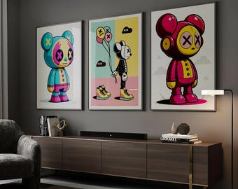 Arte mural con figuras de juguetes Pop Art – Juego de 3 láminas a juego, decoración del personaje X-Eyes