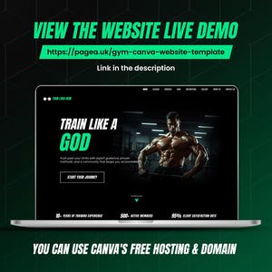 May include: A laptop screen displaying a gym website template with a dark theme, featuring the text 'TRAIN LIKE A GOD' and an image of a muscular person. The screen includes navigation menus, a 'START YOUR JOURNEY' button, and statistics.