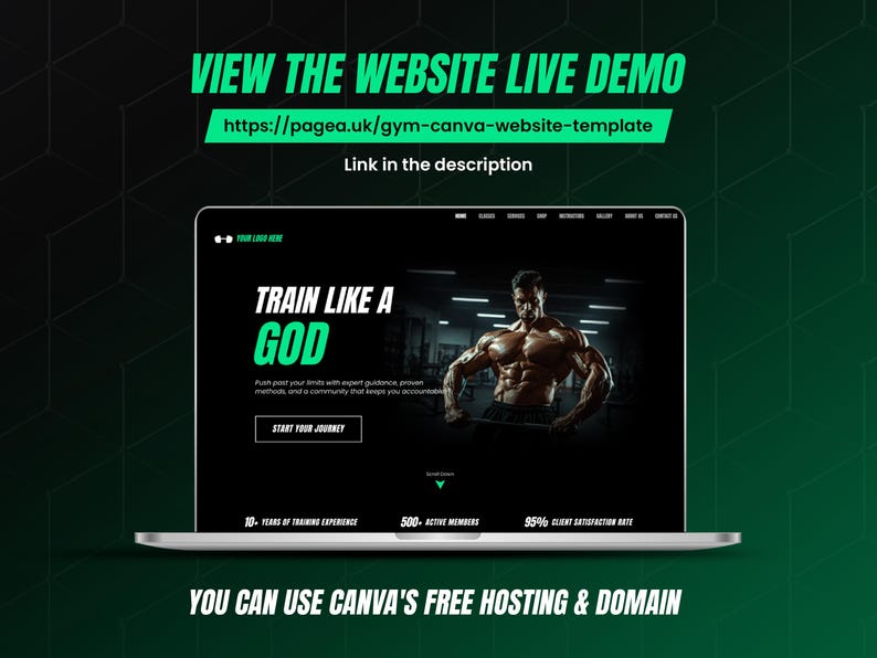 May include: A laptop screen displaying a gym website template with a dark theme, featuring the text 'TRAIN LIKE A GOD' and an image of a muscular person. The screen includes navigation menus, a 'START YOUR JOURNEY' button, and statistics.