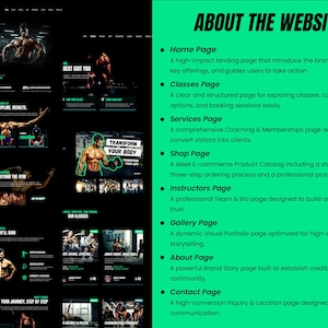 May include: A split-screen graphic showing a dark-themed fitness website layout on the left and a bright green informational panel on the right titled ABOUT THE WEBSITE. The text lists page descriptions including Home, Classes, Services, and Contact.