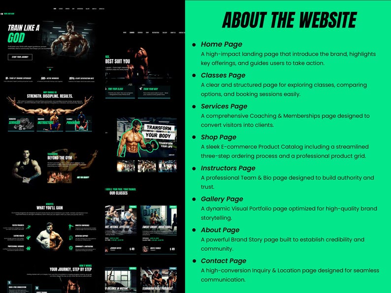 May include: A split-screen graphic showing a dark-themed fitness website layout on the left and a bright green informational panel on the right titled ABOUT THE WEBSITE. The text lists page descriptions including Home, Classes, Services, and Contact.