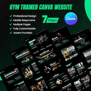 May include: A digital template for a seven-page gym trainer website designed in Canva. The layout features a black background with vibrant green accents, showcasing fitness imagery, text headers like Train Like A God, and feature lists.