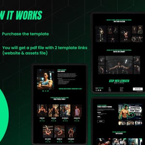 May include: A digital fitness website template displayed on multiple screens with a dark theme and bright green accents. The text reads HOW IT WORKS, Purchase the template, You will get a pdf file with 2 template links, STEP INTO STRENGTH, and TRANSFORM YOUR BODY.