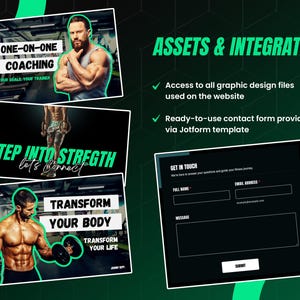 May include: A digital marketing display featuring three fitness-themed graphics with text including ONE-ON-ONE COACHING, STEP INTO STRENGTH, and TRANSFORM YOUR BODY, alongside a Jotform contact form template with fields for full name, email, and message.