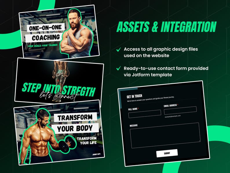 May include: A digital marketing display featuring three fitness-themed graphics with text including ONE-ON-ONE COACHING, STEP INTO STRENGTH, and TRANSFORM YOUR BODY, alongside a Jotform contact form template with fields for full name, email, and message.