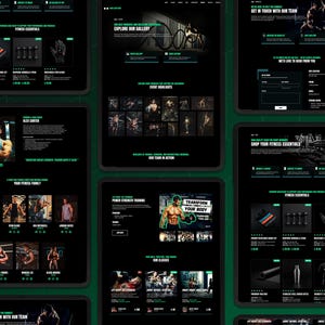 May include: A collection of digital tablet screens displaying a dark-themed fitness website interface with black backgrounds and teal accents. The layout features product listings for gym equipment, team member profiles, class schedules, and contact forms.