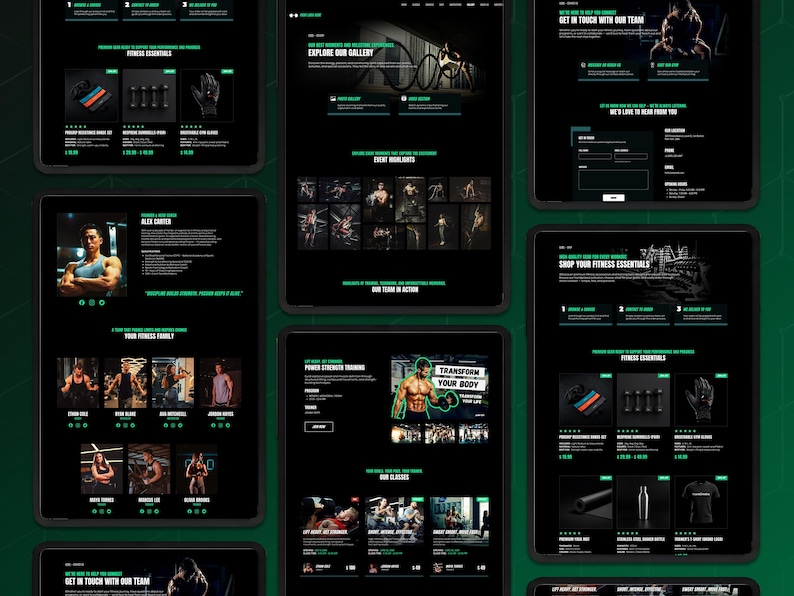 May include: A collection of digital tablet screens displaying a dark-themed fitness website interface with black backgrounds and teal accents. The layout features product listings for gym equipment, team member profiles, class schedules, and contact forms.
