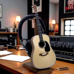 May include: Acoustic guitar on a brown stand, with a black sound hole and a light-colored body. The guitar is displayed with a pair of black headphones. The word "Maria" is visible on the headstock. The guitar is on a wooden desk.