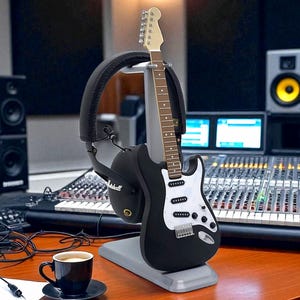 May include: A black electric guitar and black headphones rest on a gray stand. A cup of coffee sits on a wooden desk in a recording studio. A mixing board and speakers are in the background.