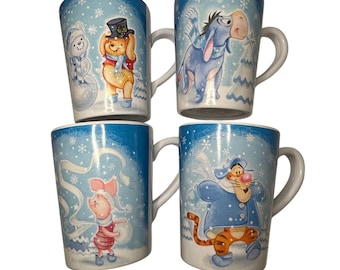 RARE Vintage Disney Store Winnie Pooh Winter 4 Mug Set Tigger Piglet Eeyore