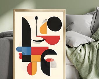 Modernist Abstract Wall Art with Red, Black, Yellow & Blue Geometric Shapes – Mid Century Inspired Minimalist Art Print for Home Decor