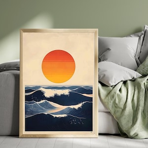 Minimalist Ocean Waves and Sun Wall Art – Modern Coastal Digital Print, Navy Blue & Orange Abstract Seascape, Beach Decor Download