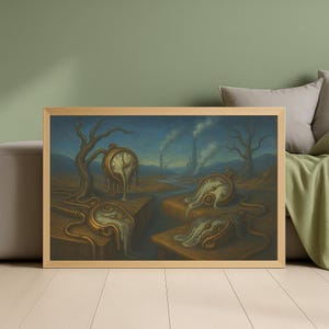 Puede incluir: Pintura surrealista enmarcada que presenta relojes de bolsillo derritiéndose en un paisaje desolado. La obra de arte tiene una paleta de colores apagados con tonos de marrón, azul y dorado. La imagen evoca una sensación de tiempo y decadencia.