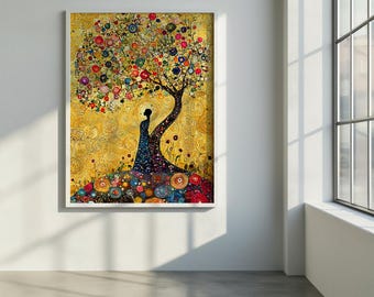 Tree of Life Art Spiritual Art • Gold Red Blue Colorful Goddess Print • Mystical Boho Wall Decor • Divine Feminine Healing Artwork